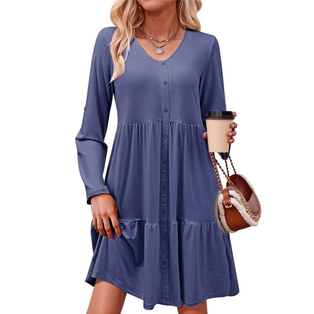 V Neck Button Down Ruffle Tiered Cute Swing Mini Dress, LARGE, 15E-161D001